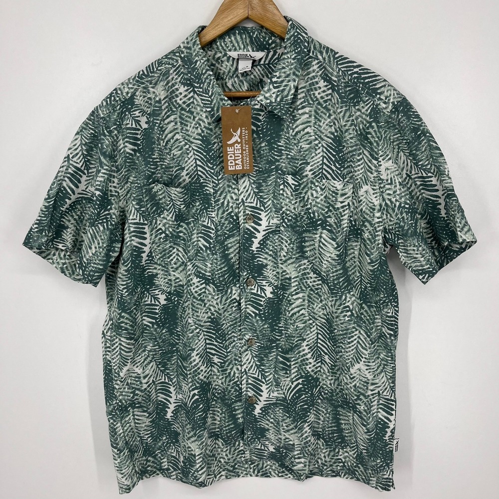 Eddie Bauer Mens Hemplify Camp Shirt Green Palm Leaf Print Short Sleeve M NWT